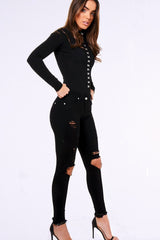 Black High Neck Eyelet Detail Bodysuit - Maddison