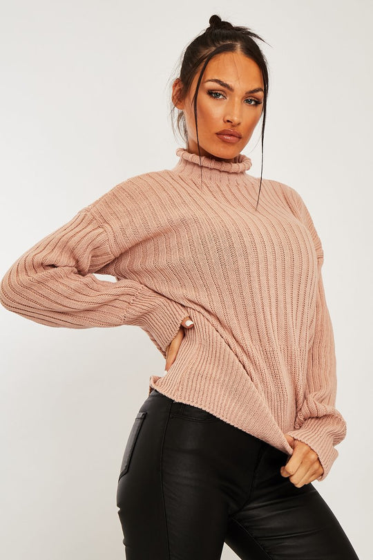 Nude Ribbed Balloon Sleeve Jumper - Jamora