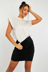 White Satin Shoulder Pad Bodysuit - Saira