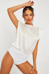 White Satin Shoulder Pad Bodysuit - Saira
