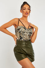 Khaki Marble Satin Corset Top - Nasra