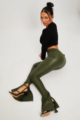Khaki Side Split Flared Skinny PU Trouser - Zylah