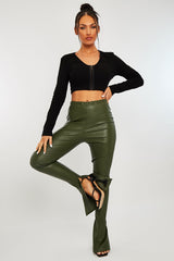 Khaki Side Split Flared Skinny PU Trouser - Zylah