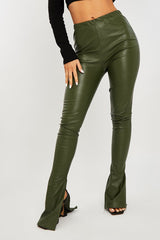 Khaki Side Split Flared Skinny PU Trouser - Zylah