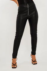 Black Ring Zip Front Faux Leather Leggings - Rafaela