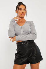 Cream Faux Leather Buckle Belt Shorts - Tamra