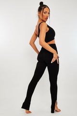 Black Ribbed Side Split Leggings - Enzie