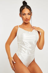 White Satin Cowl Neck Bodysuit - Miley