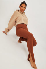 Brown Ribbed Side Split Leggings - Enzie