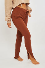 Brown Ribbed Side Split Leggings - Enzie