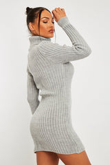 Grey Roll Neck Knit Mini Dress - Franceska