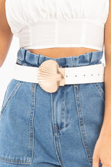 White Faux Leather Shell Buckle Belt - Cairo