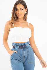White Ruffle Front Strappy Crop Top - Aaloni