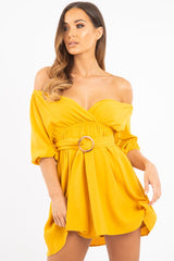 Mustard Plunge Crepe Belted Dress - Baily