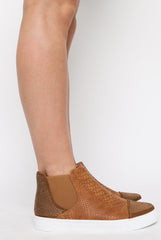 Camel Snakeskin Diamante High Top Trainers - Kaia