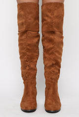 Camel Suede Split Back Heeled Knee High Boots - Reyna
