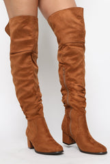 Camel Suede Split Back Heeled Knee High Boots - Reyna