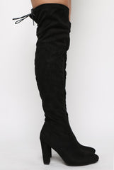 Black Suede Drawstring Stretch Block Heel Thigh High Boots - Kimora