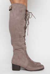 Mocha Suede Front Lace Up Knee High Boots - Aliah