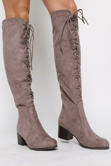Mocha Suede Front Lace Up Knee High Boots - Aliah