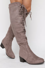 Mocha Suede Front Lace Up Knee High Boots - Aliah