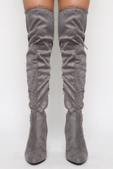 Light Grey Suede Drawstring Over The Knee Boots - Joni