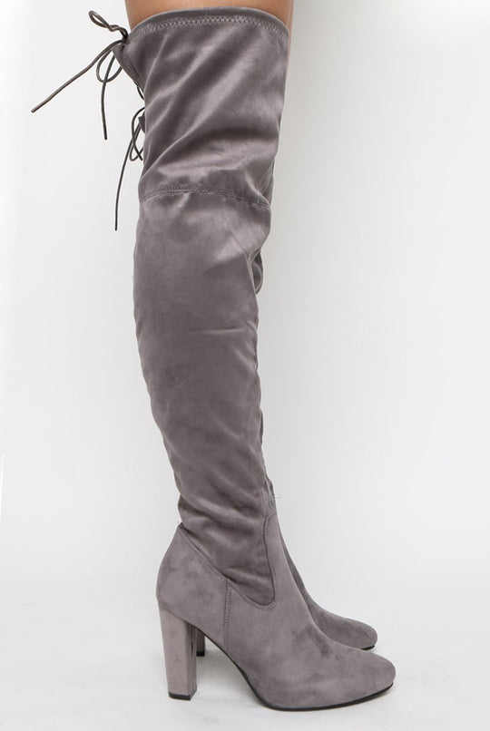 Light Grey Suede Drawstring Over The Knee Boots - Joni