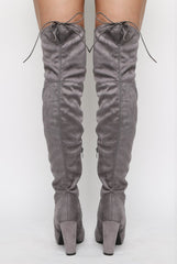 Light Grey Suede Drawstring Over The Knee Boots - Joni