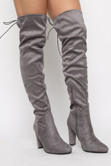 Light Grey Suede Drawstring Over The Knee Boots - Joni
