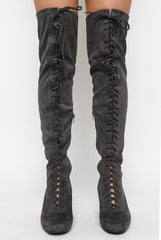 Grey Suede Front Lace Up Thigh High Boots - Nikita