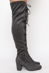 Grey Suede Front Lace Up Thigh High Boots - Nikita