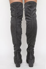 Grey Suede Front Lace Up Thigh High Boots - Nikita