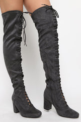 Grey Suede Front Lace Up Thigh High Boots - Nikita