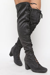 Grey Suede Front Lace Up Thigh High Boots - Nikita