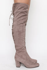 Mocha Faux Suede Back Lace Up Thigh High Boots - Brooklyn