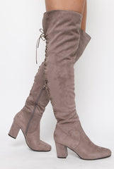 Mocha Faux Suede Back Lace Up Thigh High Boots - Brooklyn