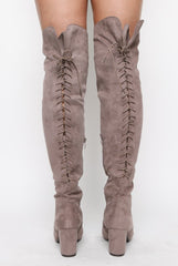 Mocha Faux Suede Back Lace Up Thigh High Boots - Brooklyn