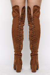 Camel Faux Suede Back Lace Up Thigh High Boots - Brooklyn