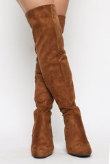 Camel Faux Suede Back Lace Up Thigh High Boots - Brooklyn