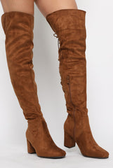 Camel Faux Suede Back Lace Up Thigh High Boots - Brooklyn