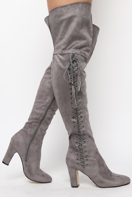 Grey Suede Over the Knee Lace Up Detail Boots - Alora