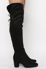 Black Faux Suede Back Lace Up Thigh High Boots - Brooklyn