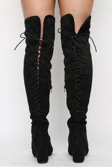 Black Faux Suede Back Lace Up Thigh High Boots - Brooklyn