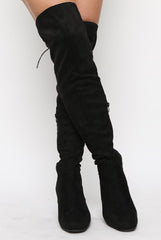 Black Faux Suede Back Lace Up Thigh High Boots - Brooklyn