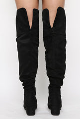 Black Suede Split Back Heeled Knee High Boots - Reyna