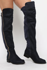 Blue Suede Zip Detail Flat Over The Knee Boots - Vanessa