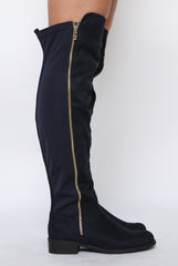 Blue Suede Zip Detail Flat Over The Knee Boots - Vanessa