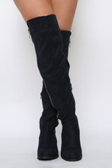 Blue Suede Zip Detail Flat Over The Knee Boots - Vanessa