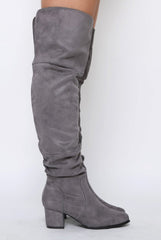 Grey Suede Split Back Heeled Knee High Boots - Reyna