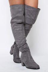 Grey Suede Split Back Heeled Knee High Boots - Reyna